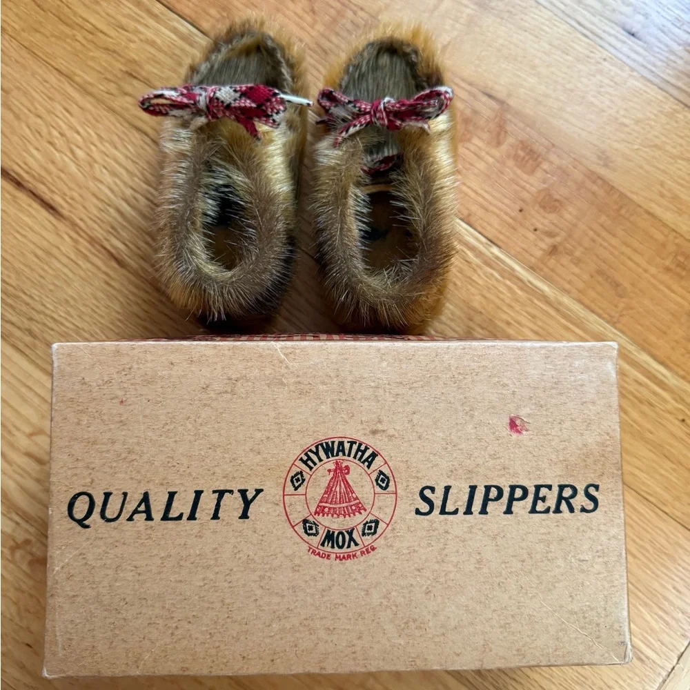 Vintage 60’s Zoo Pets Brand Seal Fur Moccasin Slippers with Red Plaid Bow